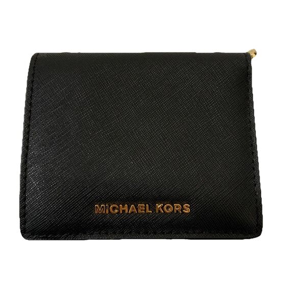 Michael Kors Wallet Flip Case Black Leather Gold Logo ID Cash Coin - Picture 1 of 5